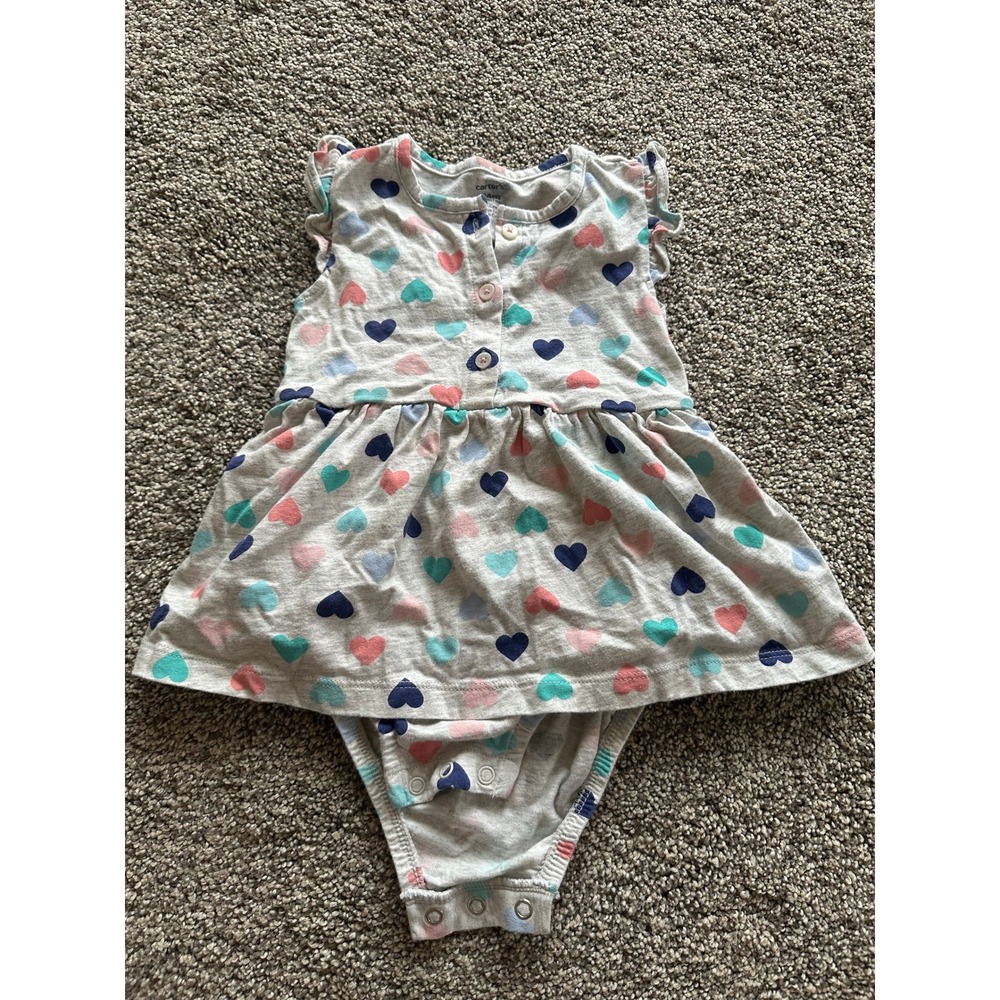 Carters Baby Girl Heart Print Bodysuit Dress Gray Flutter Sleeve 24M